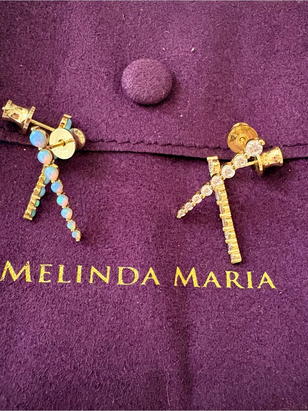 Melinda Maria Dagger Earrings Two Pair Blue Opal and Clear Gold Tone NWOT